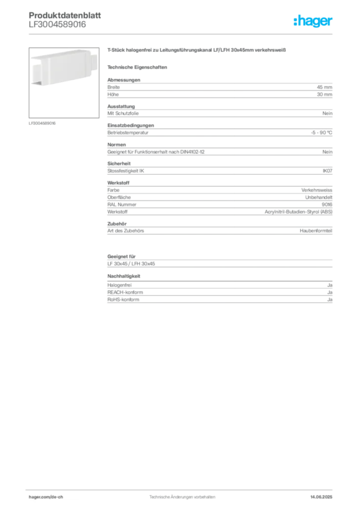 Bild Hager Produktdatenblatt LF3004589016 | Hager Schweiz