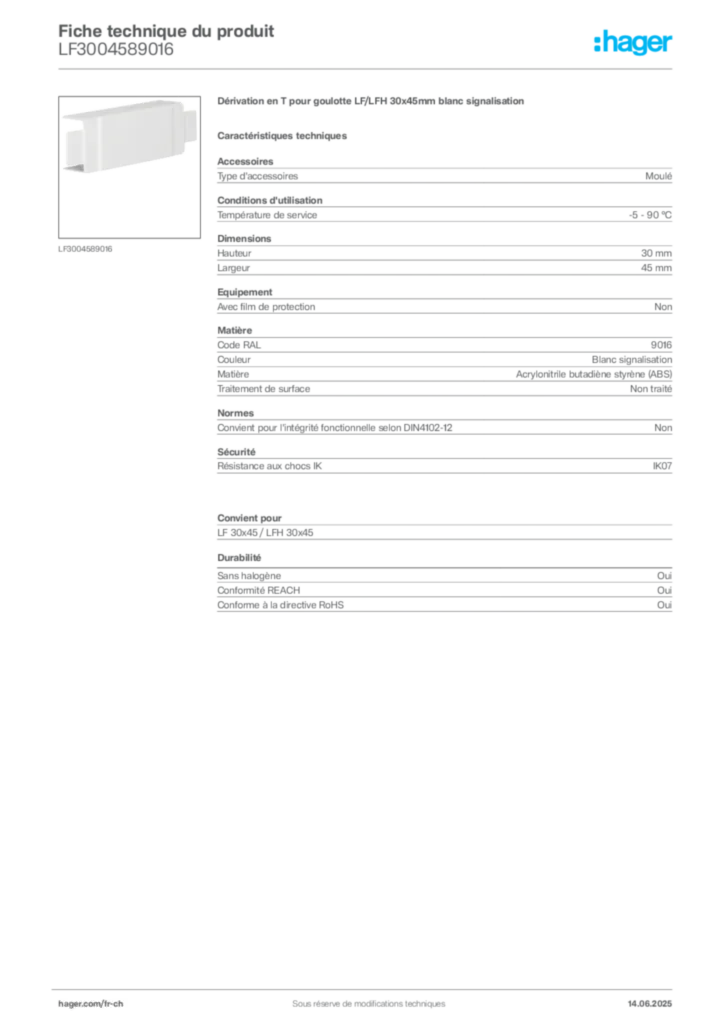 Image Hager Fiche technique du produit LF3004589016 | Hager Suisse