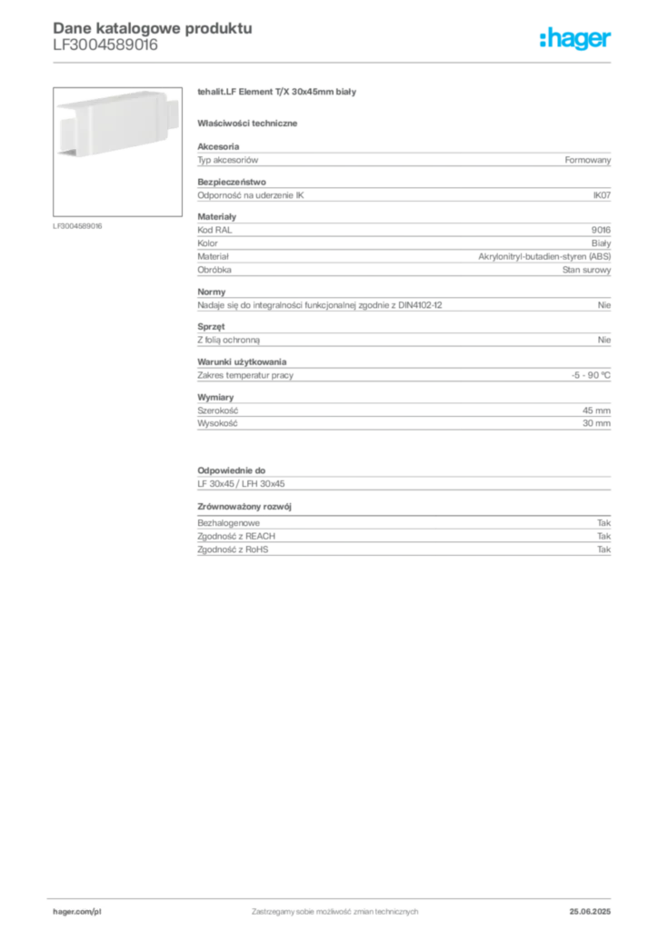 Zdjęcie Hager Dane katalogowe produktu LF3004589016 | Hager Polska