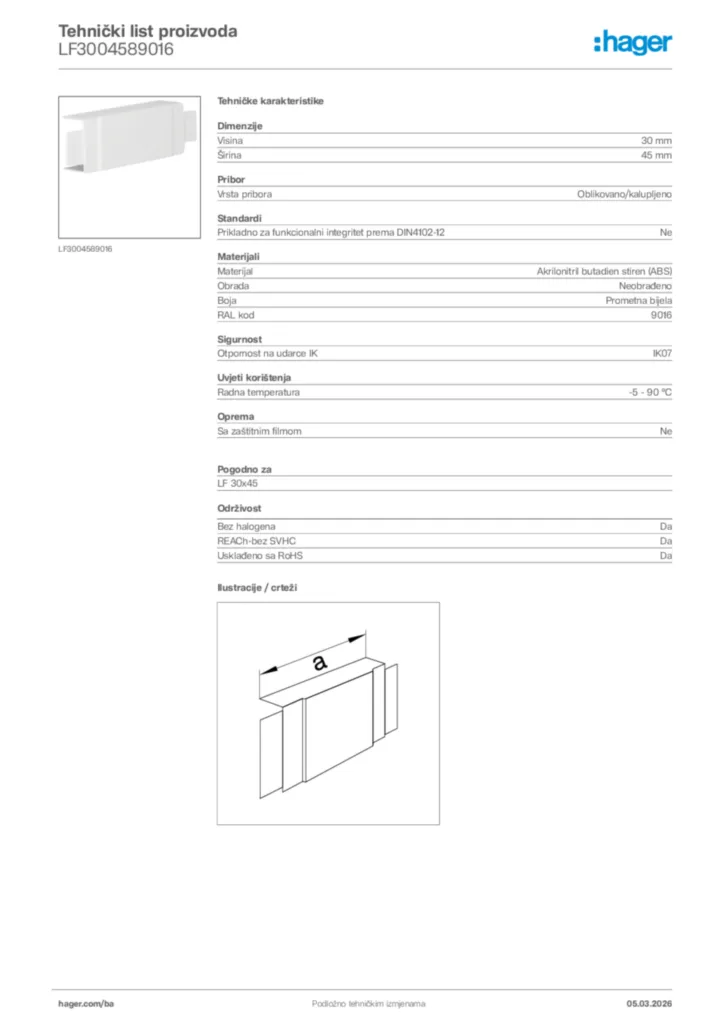 Slika Hager Tehnički list proizvoda LF3004589016  | Hager