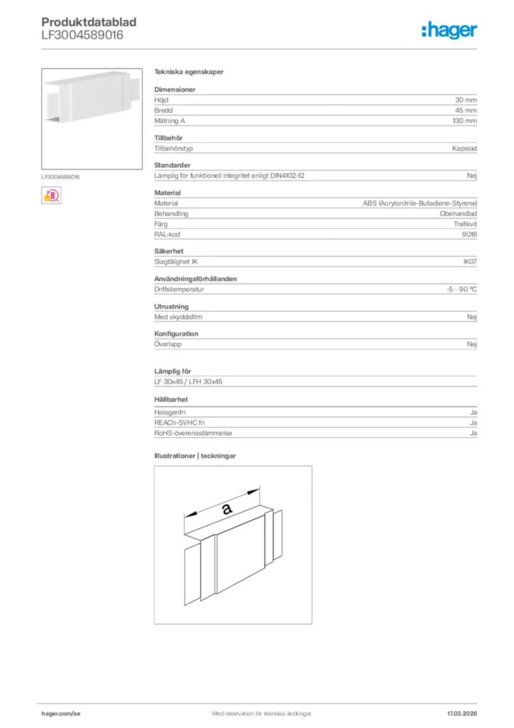 Bild Hager Produktdatablad LF3004589016 | Hager Sverige