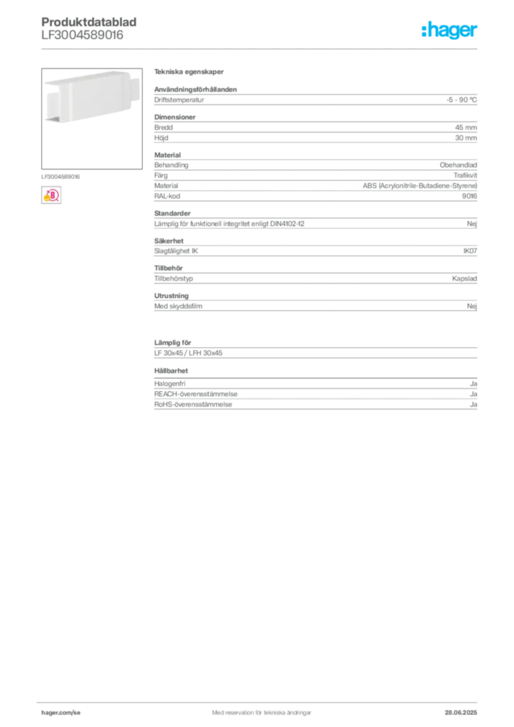 Bild Hager Produktdatablad LF3004589016 | Hager Sverige