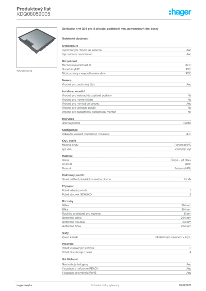Obrázek Hager Produktový list KDQ08059005 | Hager