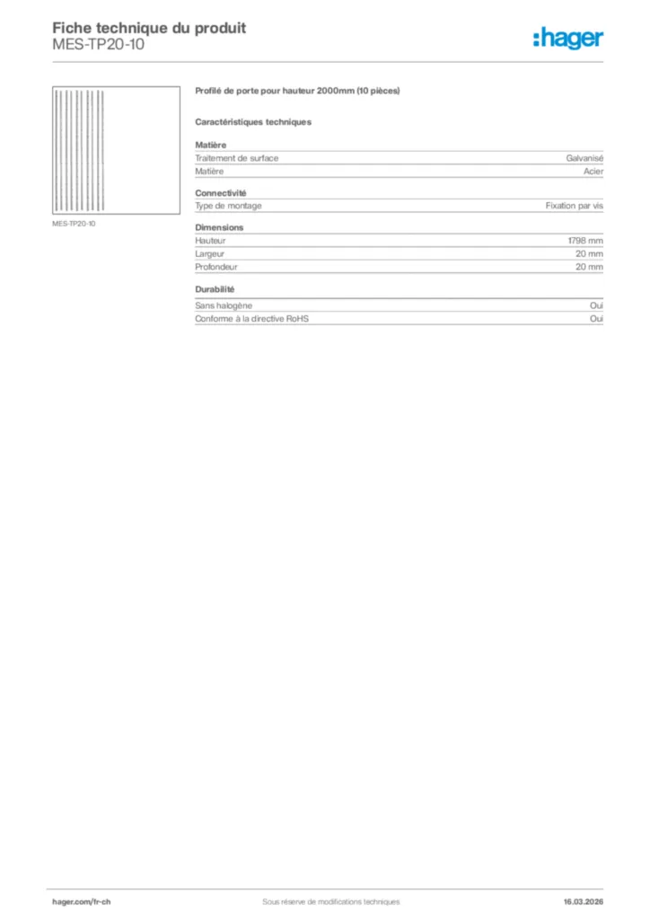 Image Hager Fiche technique du produit MES-TP20-10 | Hager Suisse
