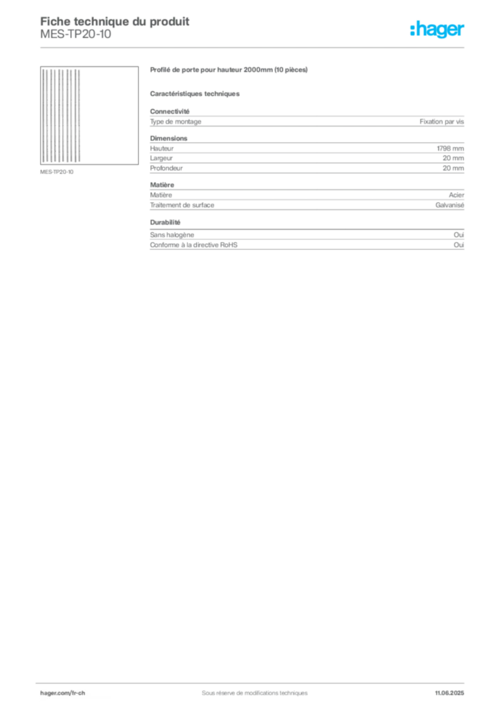 Image Hager Fiche technique du produit MES-TP20-10 | Hager Suisse
