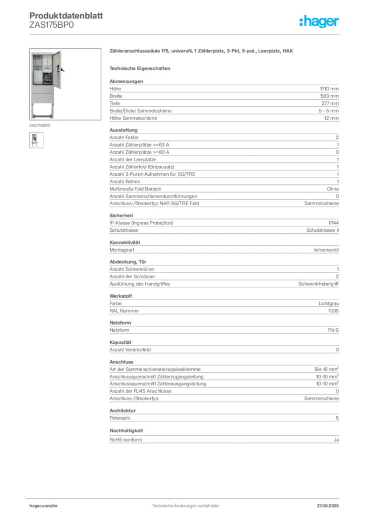 Bild Hager Produktdatenblatt ZAS175BP0 | Hager Deutschland
