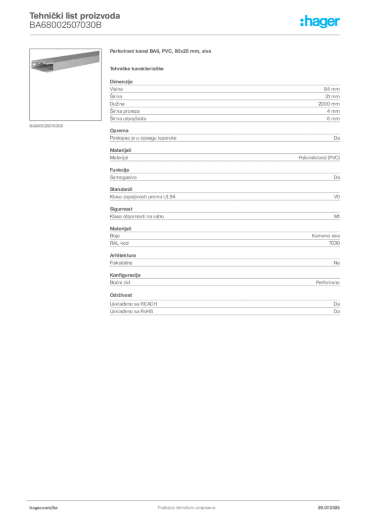 Slika Hager Product data sheet BA68002507030B  | Hager