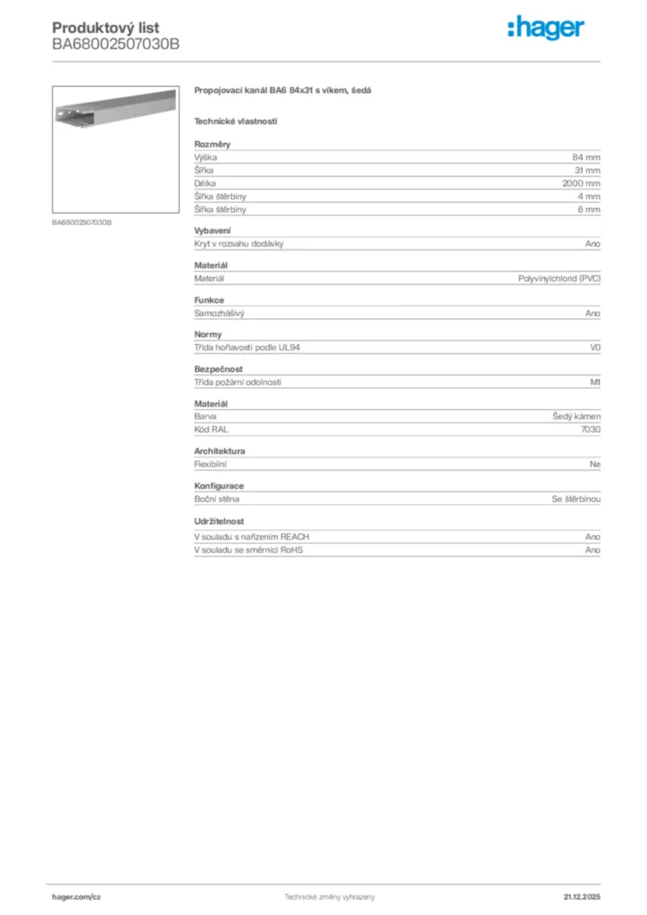 Obrázek Hager Produktový list BA68002507030B | Hager