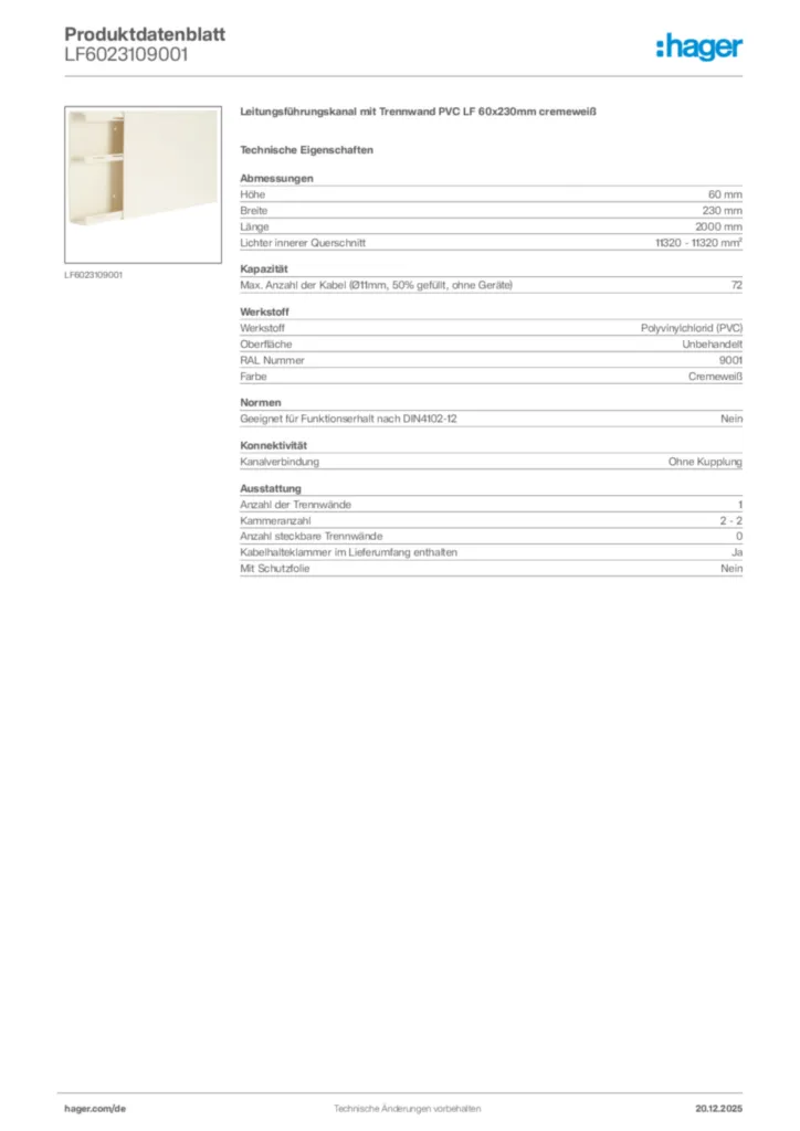 Bild Hager Produktdatenblatt LF6023109001 | Hager Deutschland