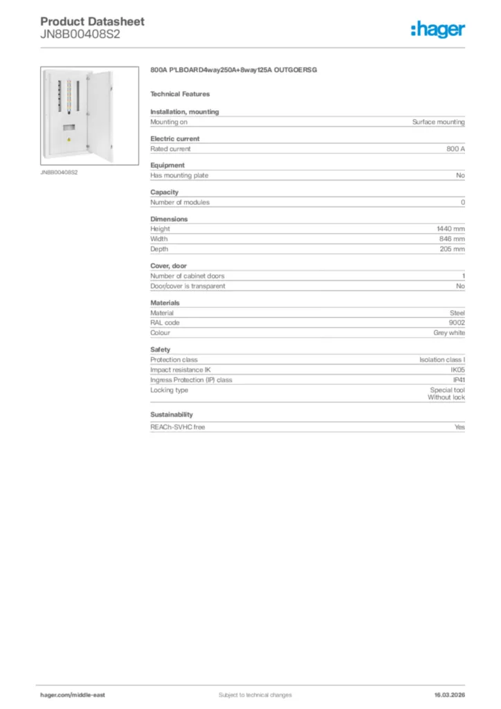 Image Hager Product data sheet JN8B00408S2  | Hager