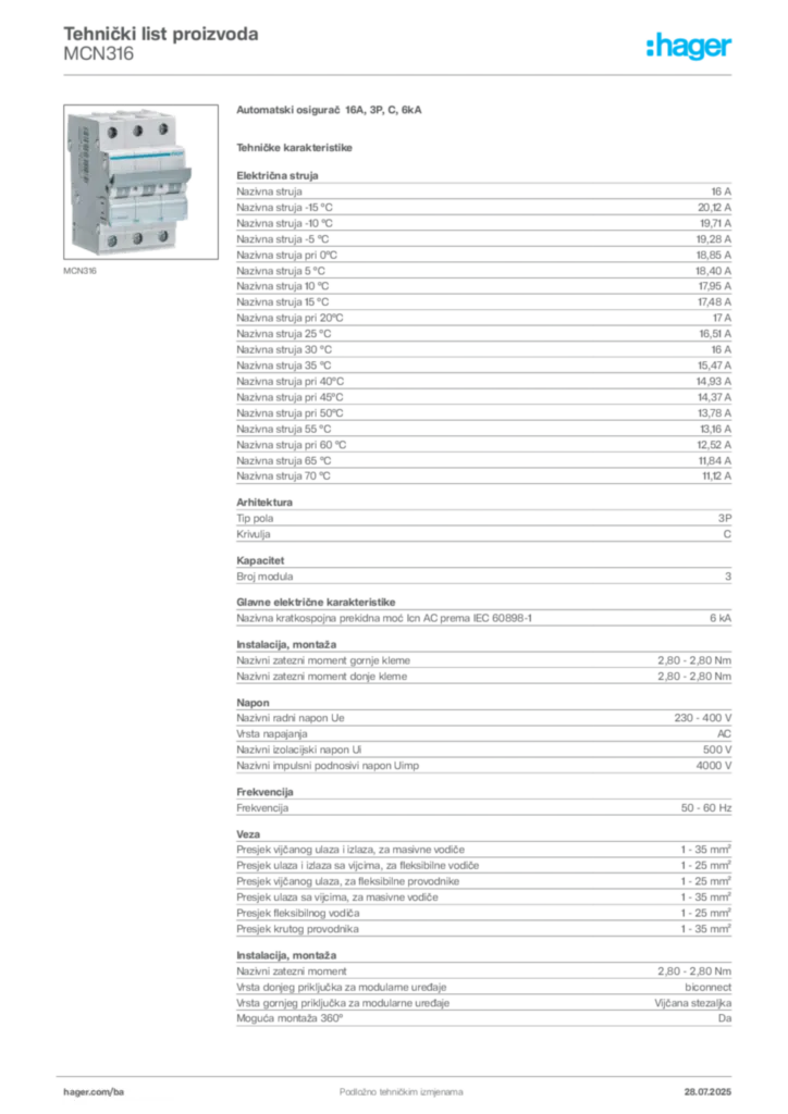 Slika Hager Product data sheet MCN316  | Hager