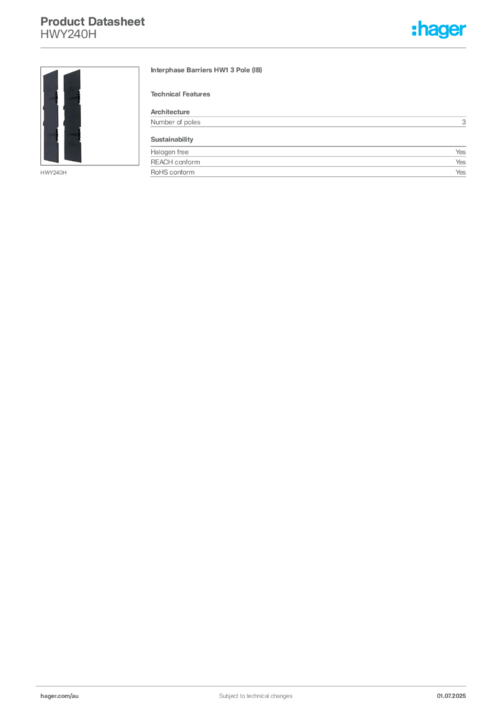Image Hager Product data sheet HWY240H  | Hager Australia