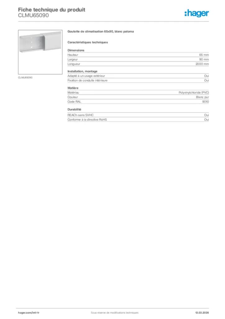 Image Hager Fiche technique du produit CLMU65090 | Hager Afrique