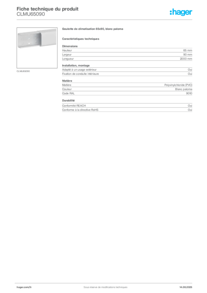 Image Hager Fiche technique du produit CLMU65090 | Hager France
