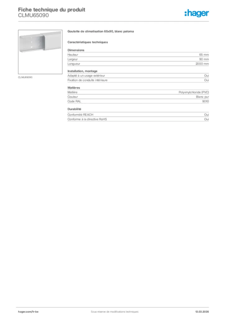 Image Hager Fiche technique du produit CLMU65090 | Hager Belgique