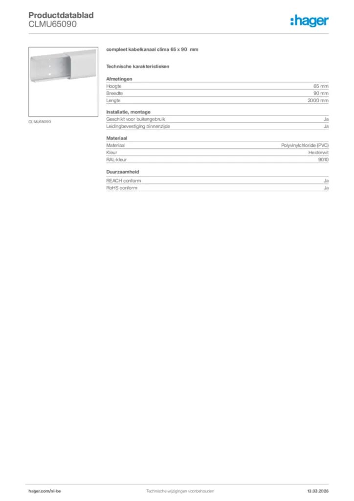 Afbeelding Hager Productdatablad CLMU65090 | Hager Belgium