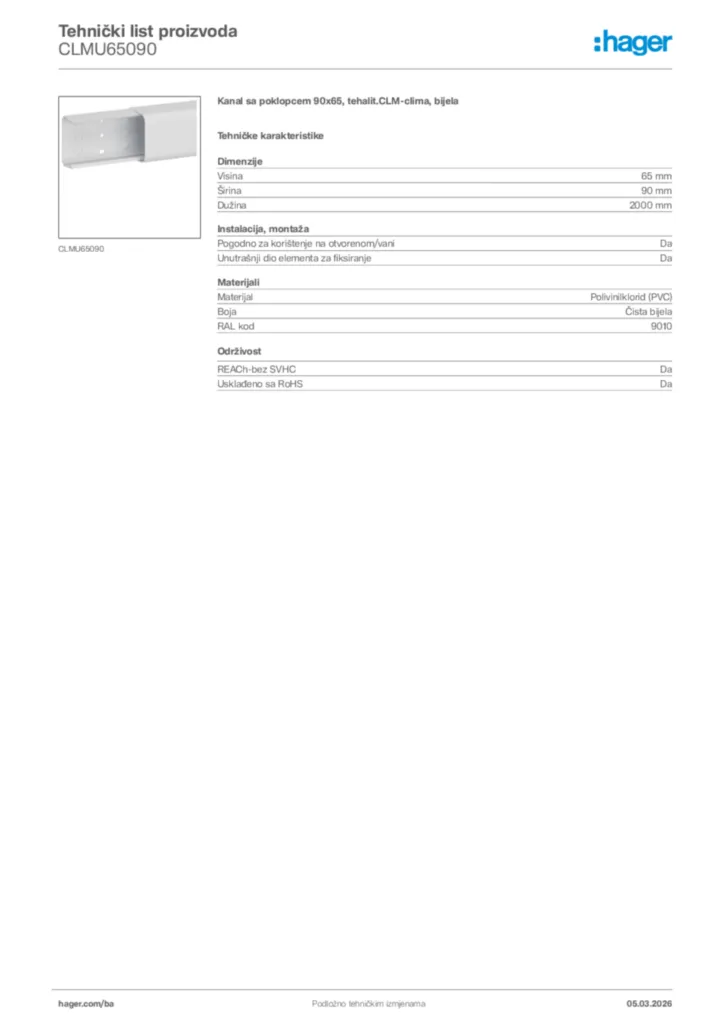 Slika Hager Tehnički list proizvoda CLMU65090  | Hager