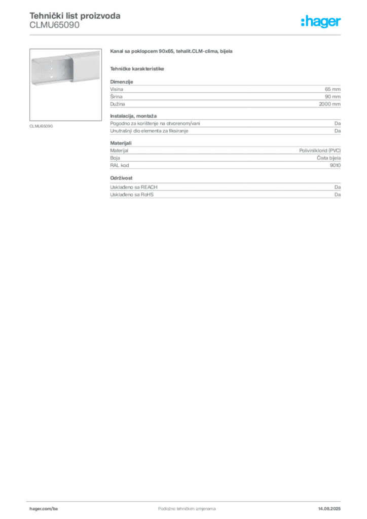 Slika Hager Product data sheet CLMU65090  | Hager
