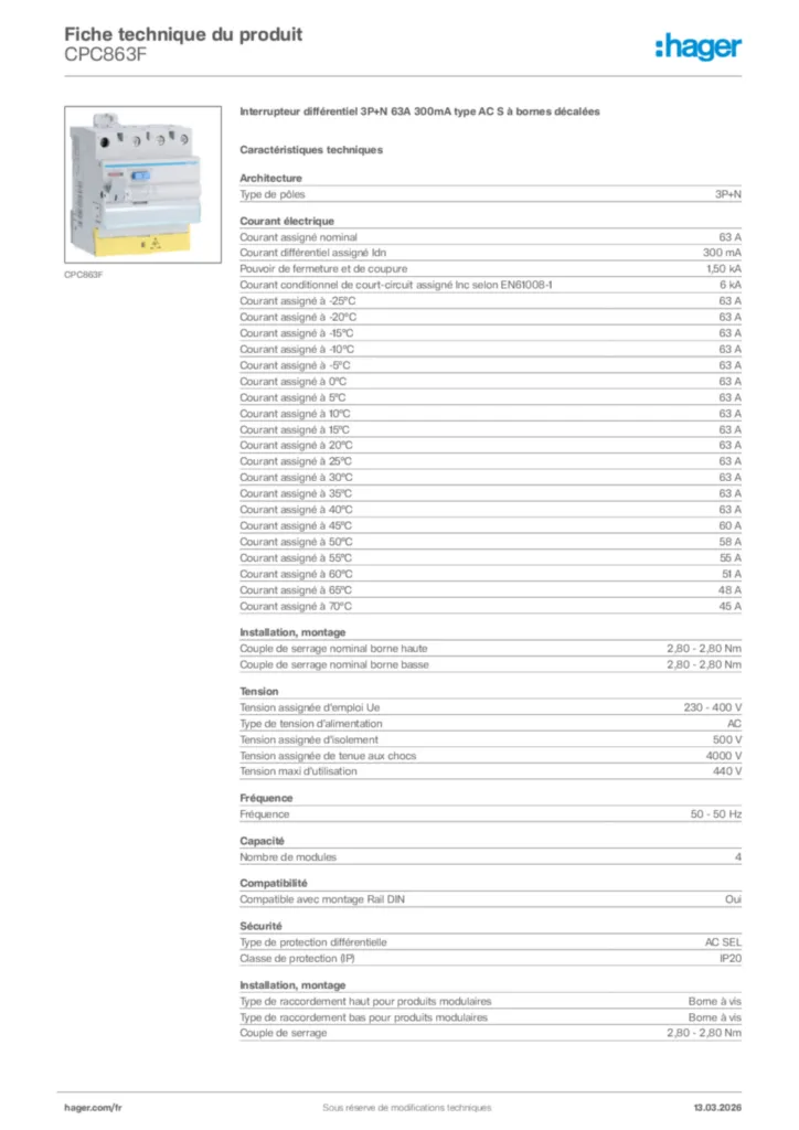 Image Hager Fiche technique du produit CPC863F | Hager France