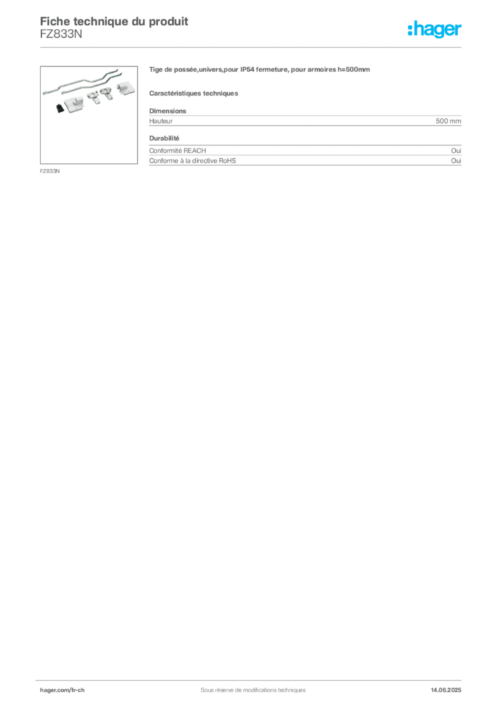 Image Hager Fiche technique du produit FZ833N | Hager Suisse