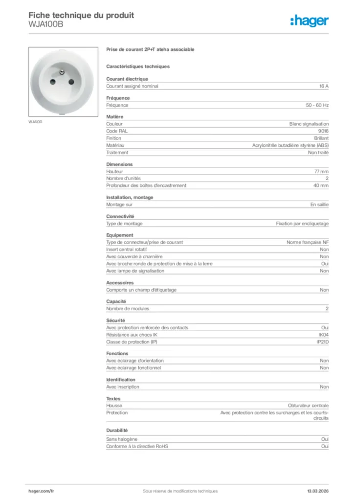Image Hager Fiche technique du produit WJA100B | Hager France