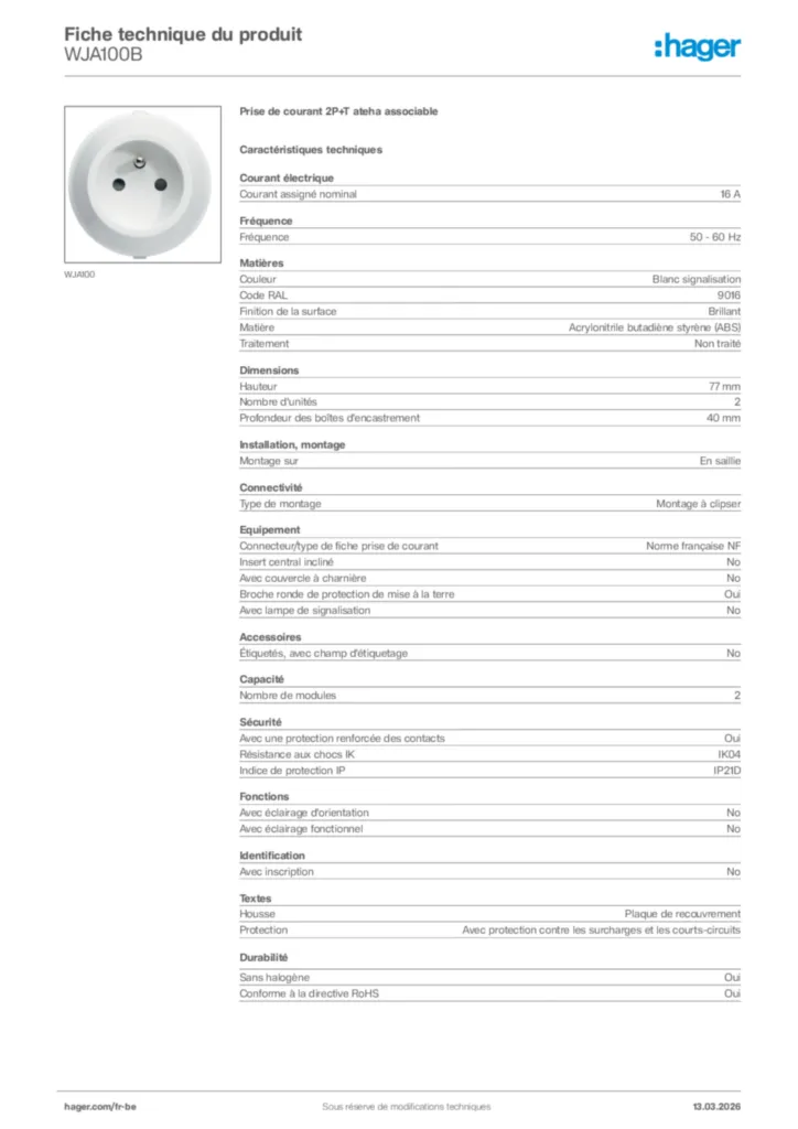 Image Hager Fiche technique du produit WJA100B | Hager Belgique