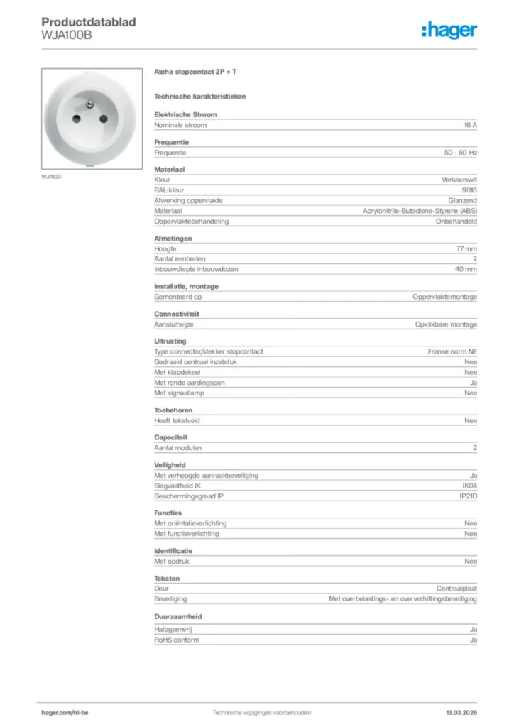 Afbeelding Hager Productdatablad WJA100B | Hager Belgium
