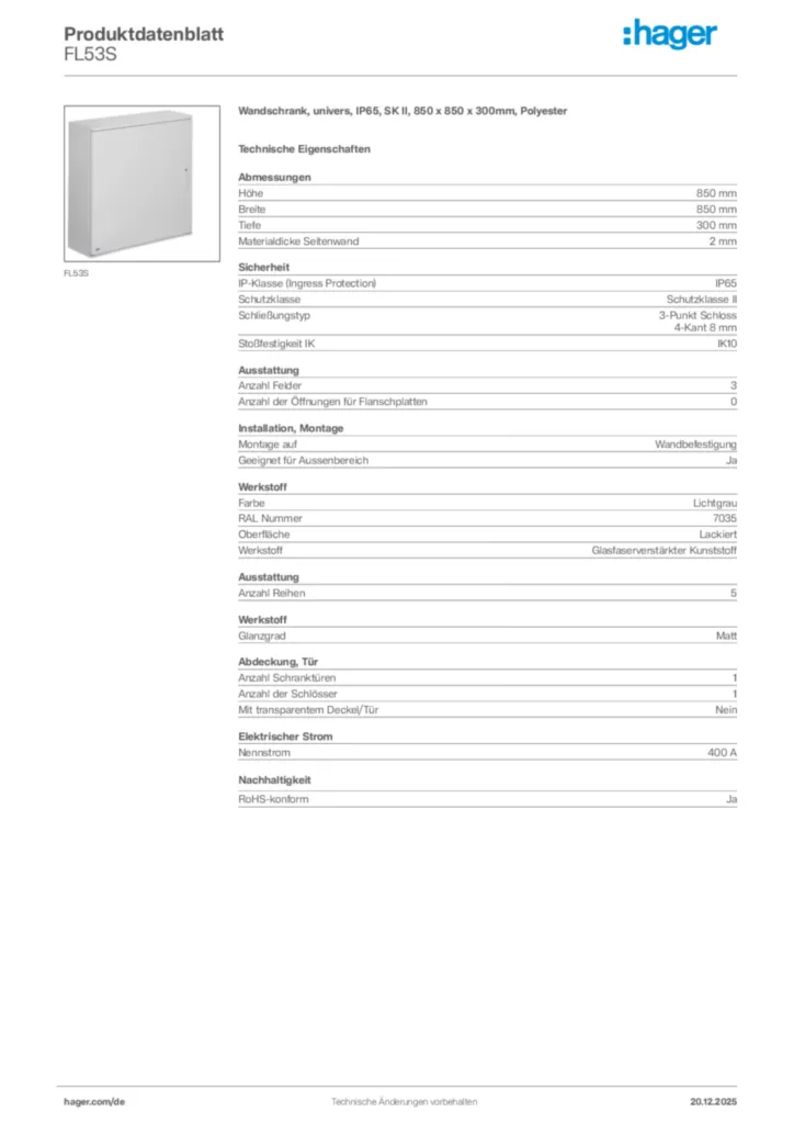 Bild Hager Produktdatenblatt FL53S | Hager Deutschland