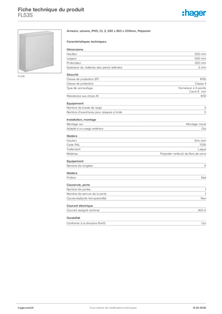 Image Hager Fiche technique du produit FL53S | Hager France