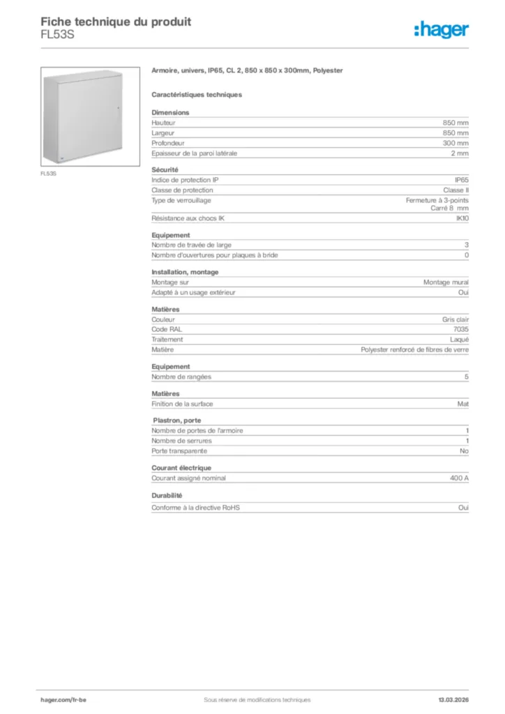 Image Hager Fiche technique du produit FL53S | Hager Belgique