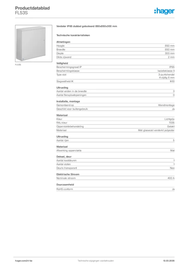 Afbeelding Hager Productdatablad FL53S | Hager Belgium