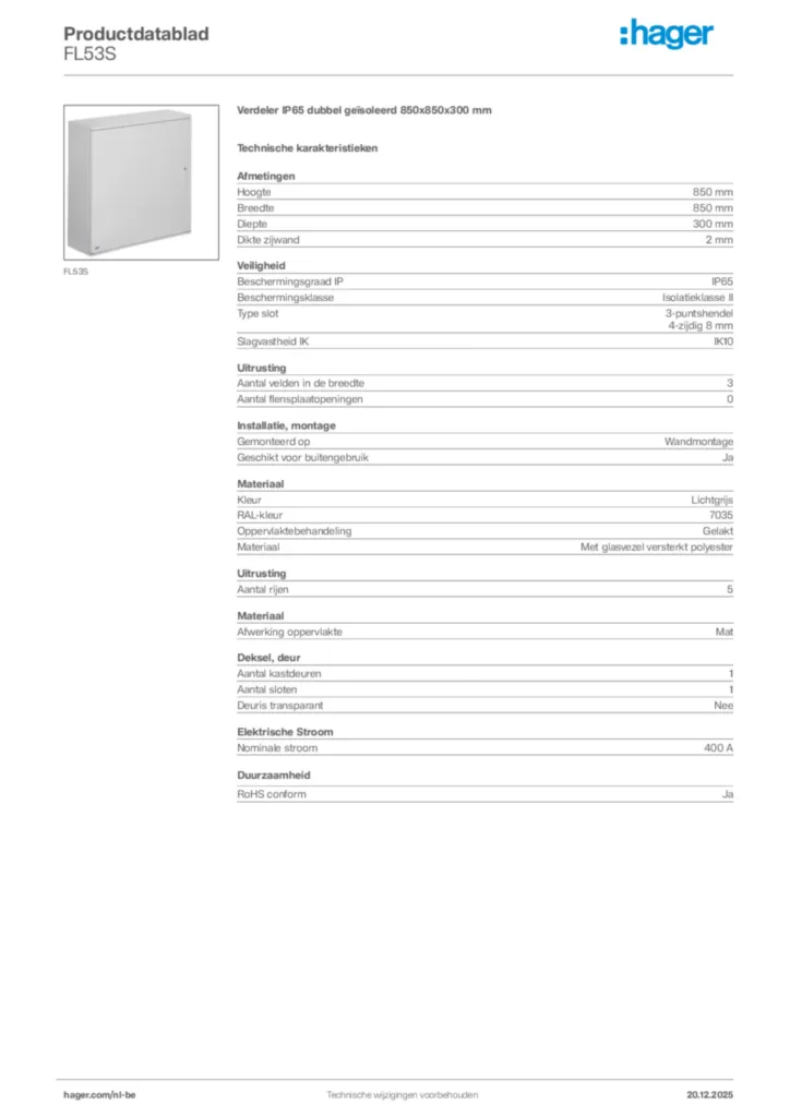 Afbeelding Hager Productdatablad FL53S | Hager Belgium