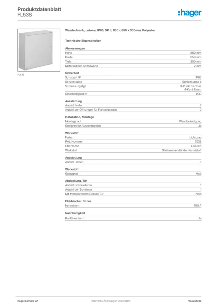 Bild Hager Produktdatenblatt FL53S | Hager Schweiz