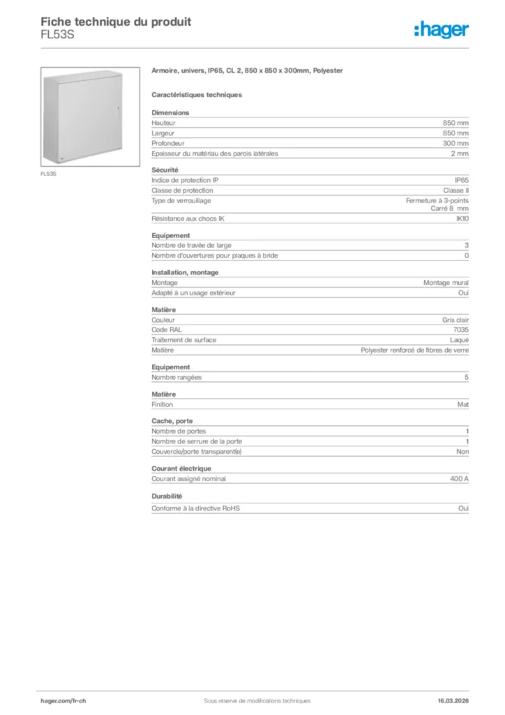 Image Hager Fiche technique du produit FL53S | Hager Suisse