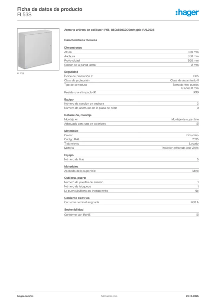 Imagen Hager Ficha de datos de producto FL53S | Hager España