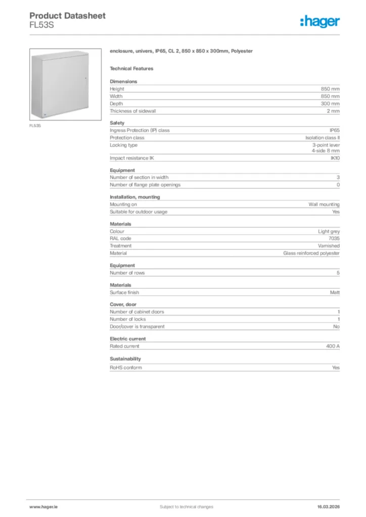 Image Hager Product data sheet FL53S  | Hager
