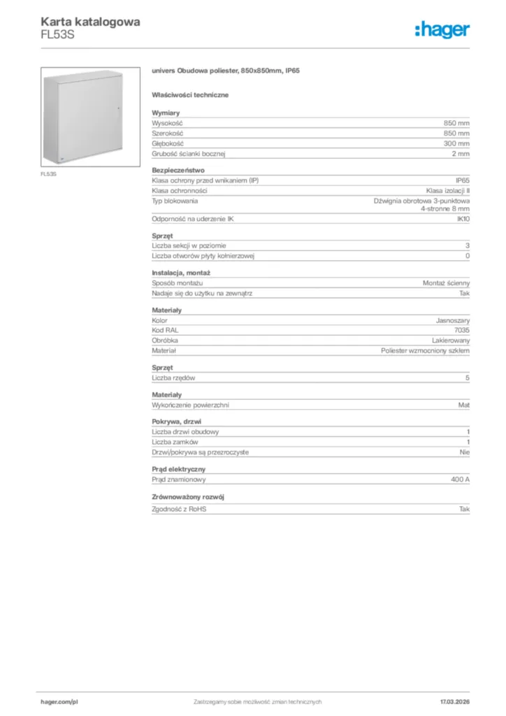 Zdjęcie Hager Karta katalogowa FL53S | Hager Polska