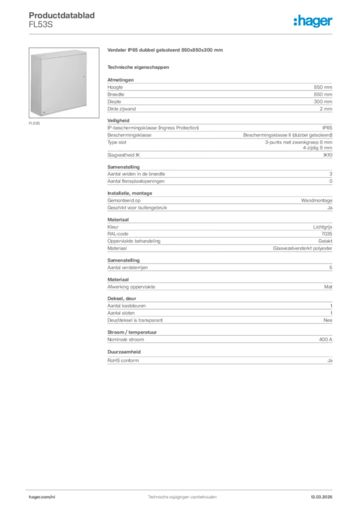 Afbeelding Hager Productdatablad FL53S | Hager Nederland
