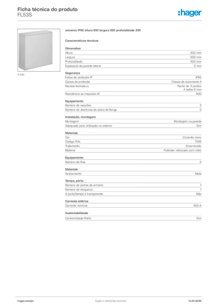 Imagem Hager Ficha técnica do produto FL53S | Hager Portugal