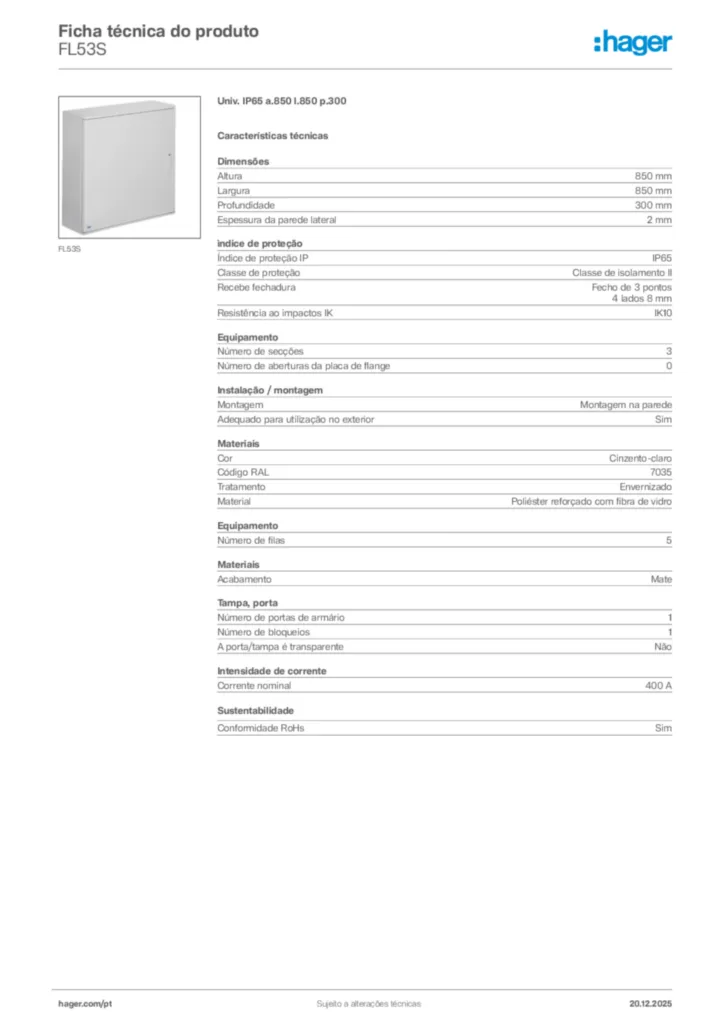 Imagem Hager Ficha técnica do produto FL53S | Hager Portugal