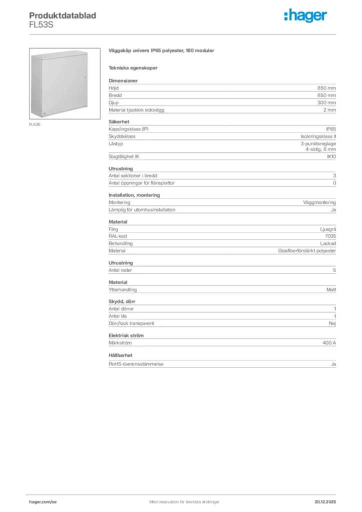 Bild Hager Produktdatablad FL53S | Hager Sverige
