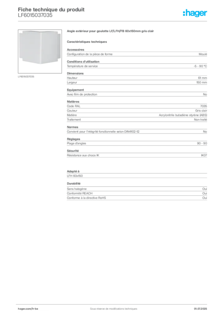 Image Hager Fiche technique du produit LF6015037035 | Hager Belgique