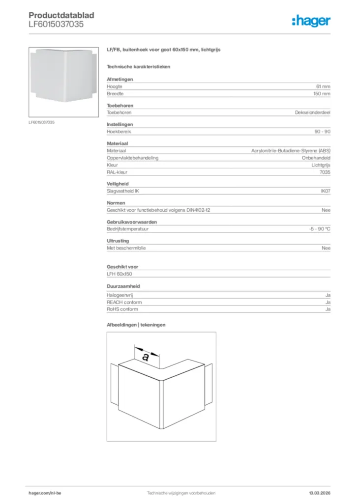 Afbeelding Hager Productdatablad LF6015037035 | Hager Belgium