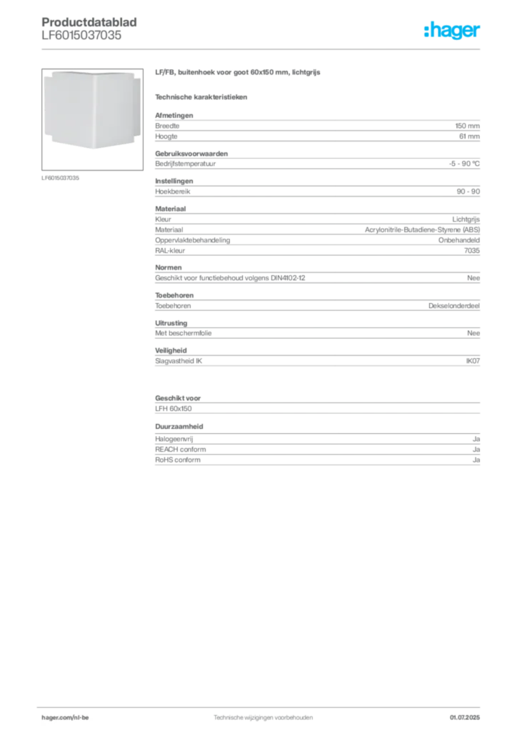 Afbeelding Hager Productdatablad LF6015037035 | Hager Belgium