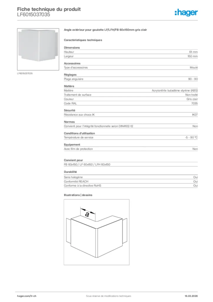 Image Hager Fiche technique du produit LF6015037035 | Hager Suisse