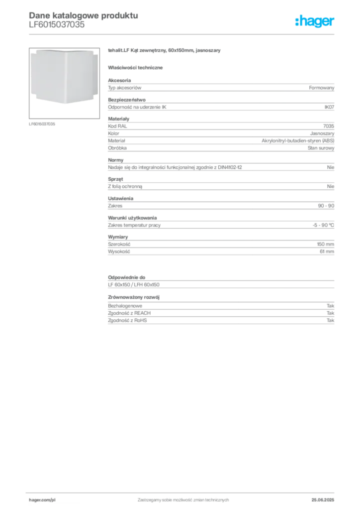Zdjęcie Hager Dane katalogowe produktu LF6015037035 | Hager Polska