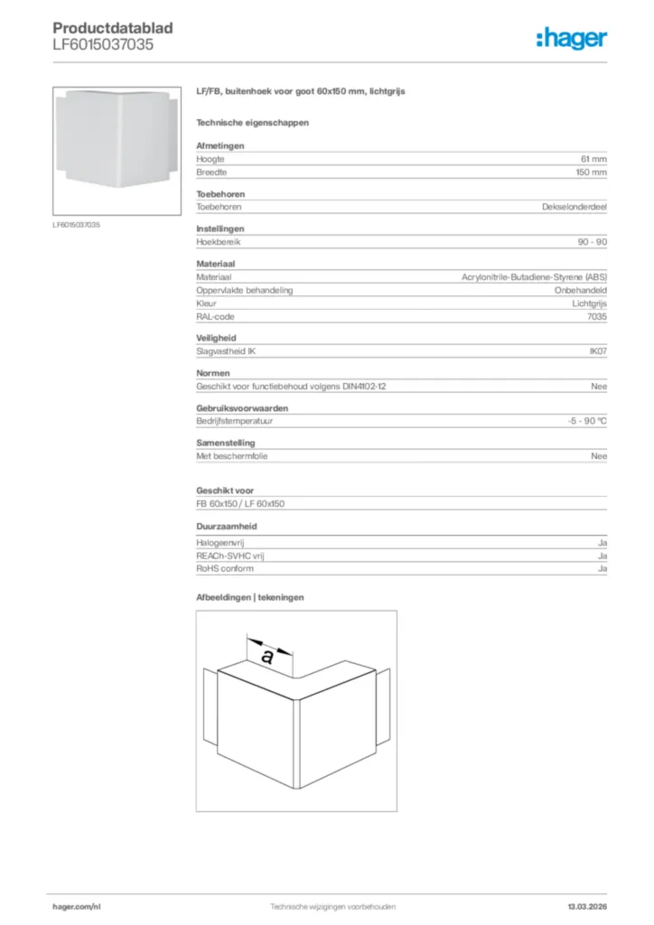 Afbeelding Hager Productdatablad LF6015037035 | Hager Nederland
