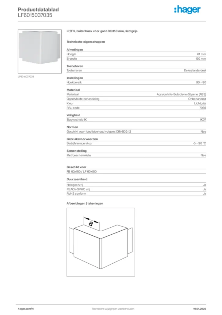 Afbeelding Hager Productdatablad LF6015037035 | Hager Nederland