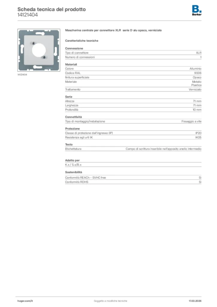 Immagine Berker Scheda tecnica del prodotto 14121404 | Hager Italia