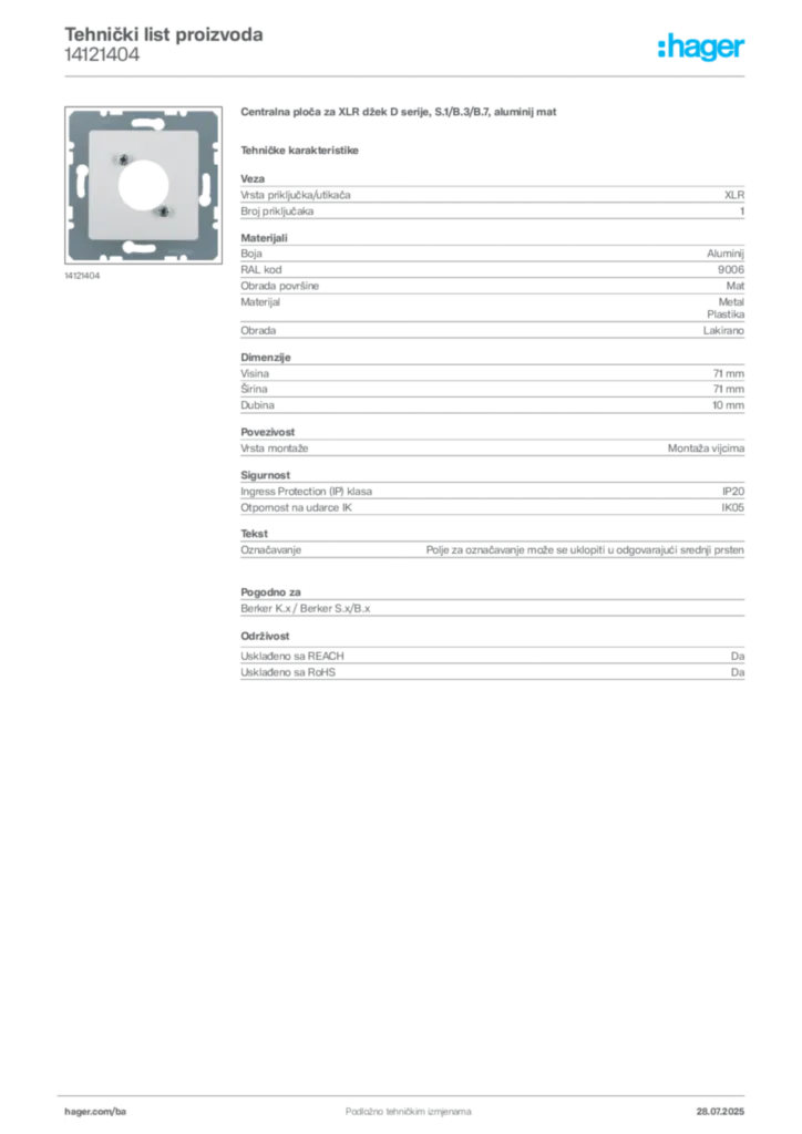 Slika Hager Product data sheet 14121404  | Hager